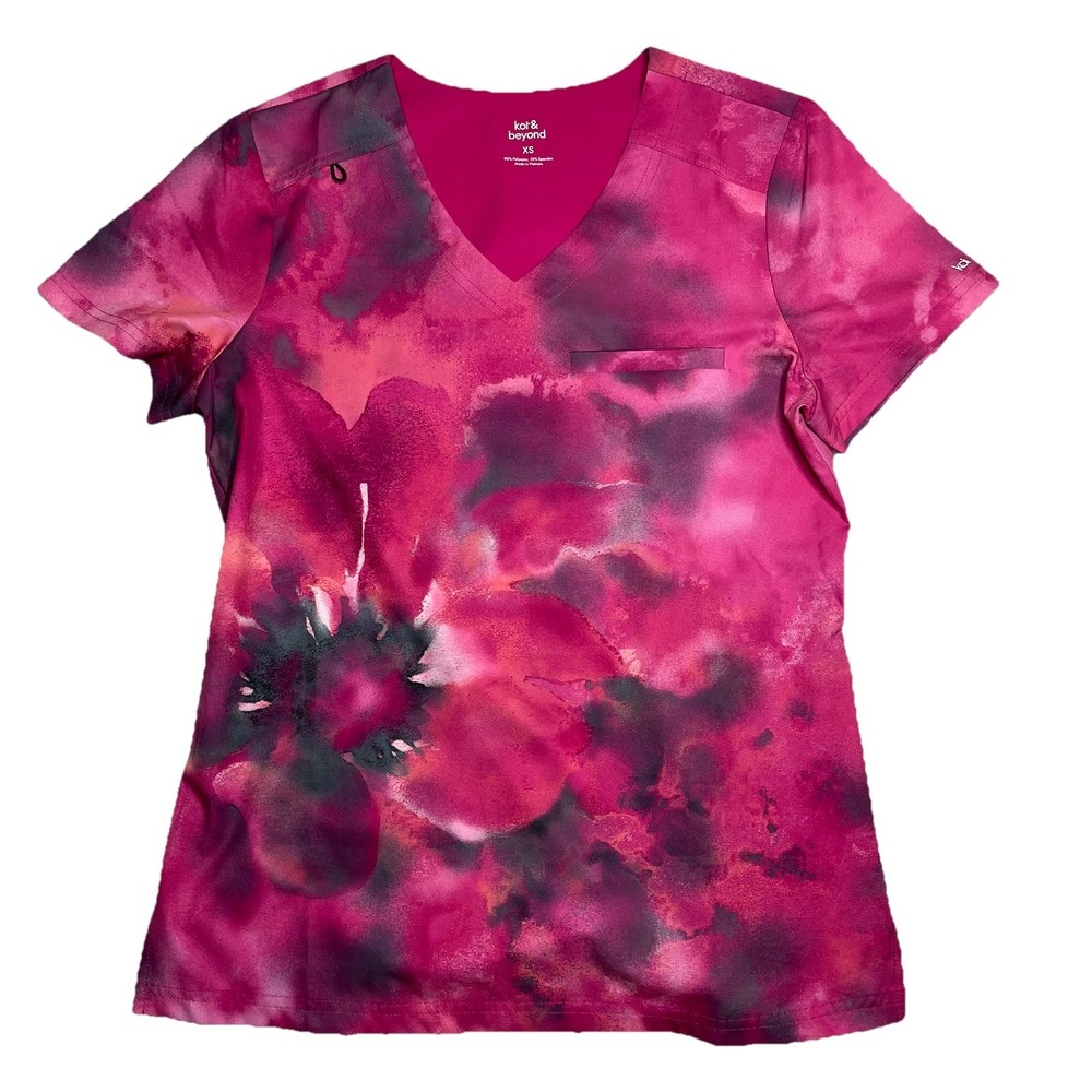 Koi & Beyond Scrub Top Women's XS Pink Tie Dye Stretch Nursing Medical Colorful